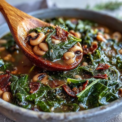 Slow-simmered Black-Eyed Peas With Collard Greens in a rustic bowl with warm cornbread.