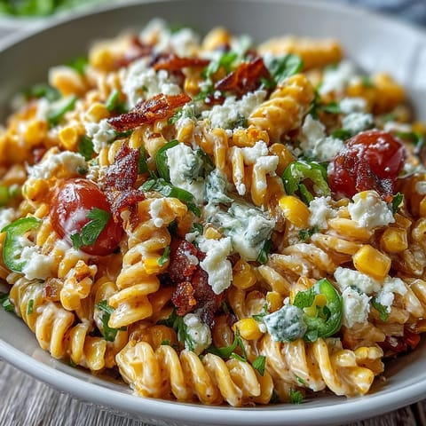 Bunter Nudelsalat mit Cotija, Chili und Limette mit süßem Mais und cremigem Käse.  