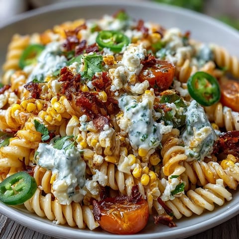 Lebhafter mexikanischer Nudelsalat mit rauchigem Chili, frischer Limette und Cotija.  