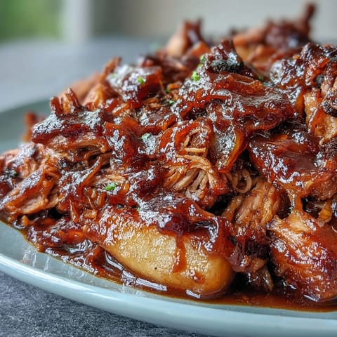 Saftiges Honig-Pfirsich- BBQ- Pulled Pork im Slow Cooker, perfekt für sommerliche Zusammenkünfte.