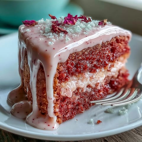 Rosé-geschmackvoller Samtkuchen mit Gold-Drip: Zarter Kuchen mit Rosé-Wein-Aroma, ummantelt von einer glänzenden Goldschicht.  