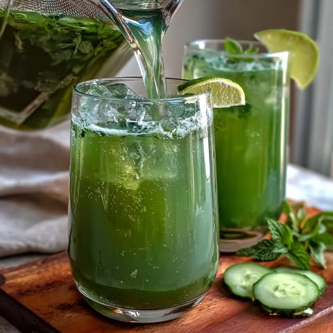 2. Lebendige, hydrierende Kürbis-Minze-Agua Fresca mit frischen Gurkenscheiben, Limetten und Minzgarnitur in einem Krug.