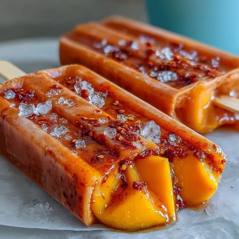 Saftige Fricy Mango Chamoy Popsicles mit Tajin-Überzug, eine erfrischende mexikanische Leckerei.