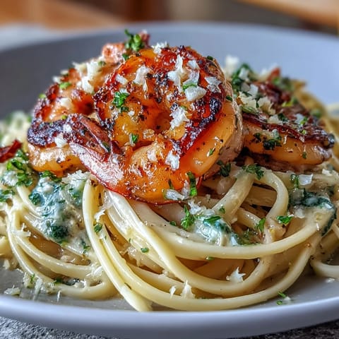 Klassisches Shrimp Scampi Linguine mit frischem Petersilie, herzhaft serviert.
