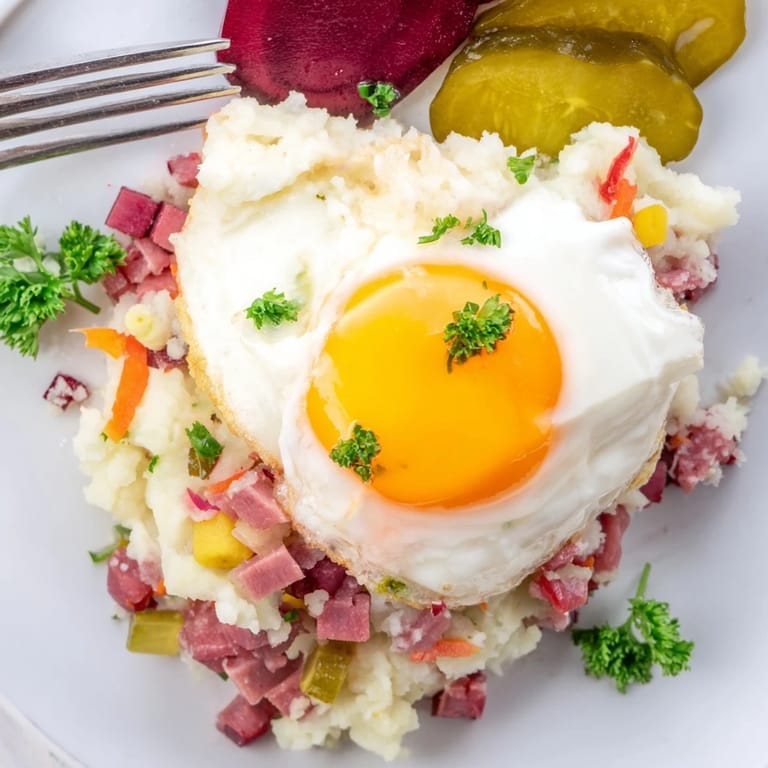 Traditioneller deutscher Labskaus, serviert mit Hering und Pickles für ein seefahrendes Erlebnis.