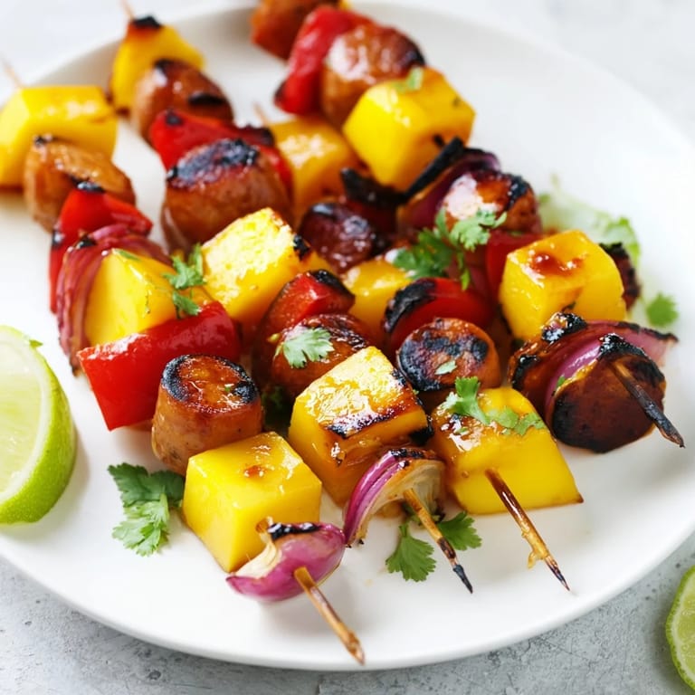 Leckere Wurstspieße mit Mango und Paprika, perfekt für ein Sommer-Barbecue.
