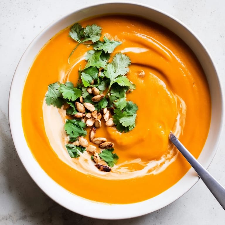Warm, spiced Sweet Potato & Carrot Soup, a winter warmer with optional coconut milk swirl.