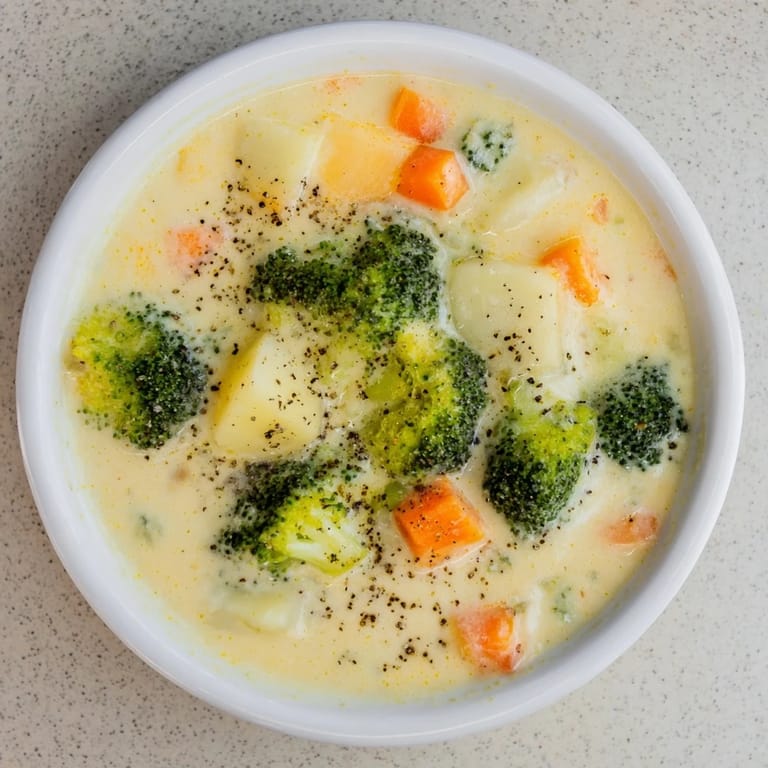 Vibrant overhead shot of creamy Broccoli and Cheese Soup, garnished and ready to be served.