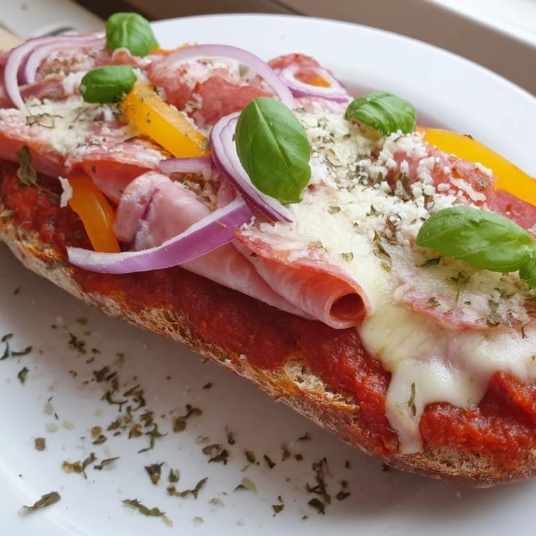 Köstliche, hausgemachte Brötchen Pizza-Hack mit dampfendem Käse und frischen Kräutern, perfekt zum Mittagessen.