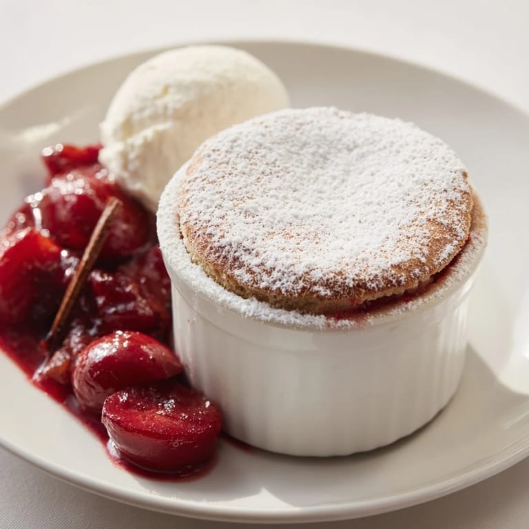 Imagining airy Mulled Wine Soufflé, served with vibrant spiced plums and smooth vanilla cream.