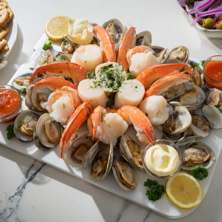 Delectable Starfish & Shell Appetizer Board, showcasing seafood arranged artfully with dipping sauces alongside.