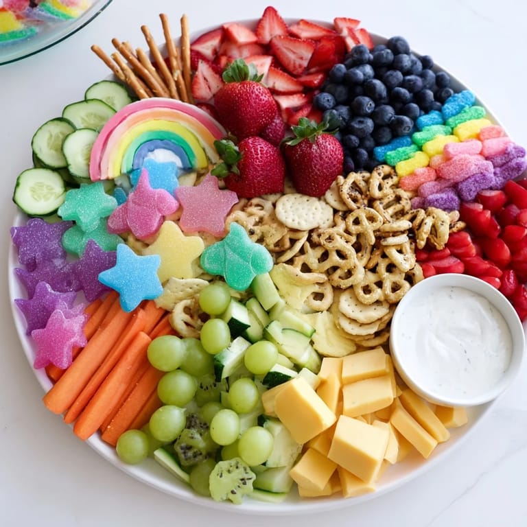 A colorful Unicorn Party Platter brimming with fresh fruit, veggies, and sweet treats, ready to serve.