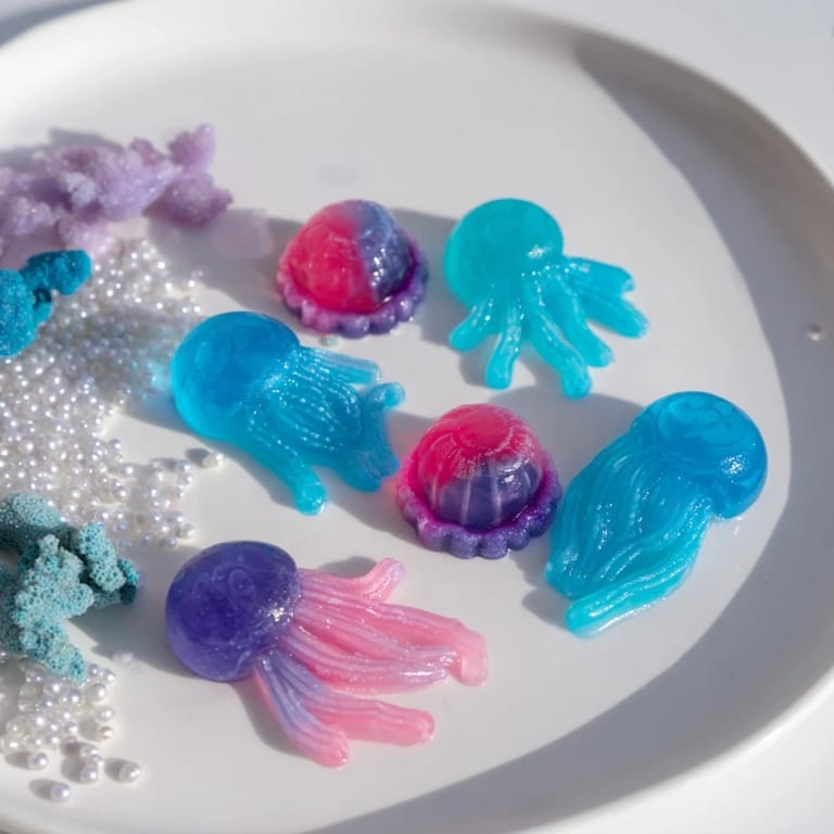 Vibrant Jellyfish Candy Platter: Bright, edible ocean scene with gummy jellyfish and candy seaweed on a tray.