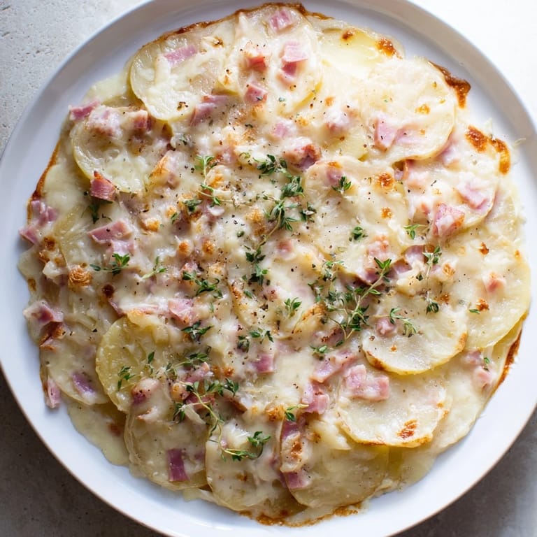 Golden, bubbling Plateau Moufle Chaud et Confortable, a French baked potato and ham dish, ready to serve.