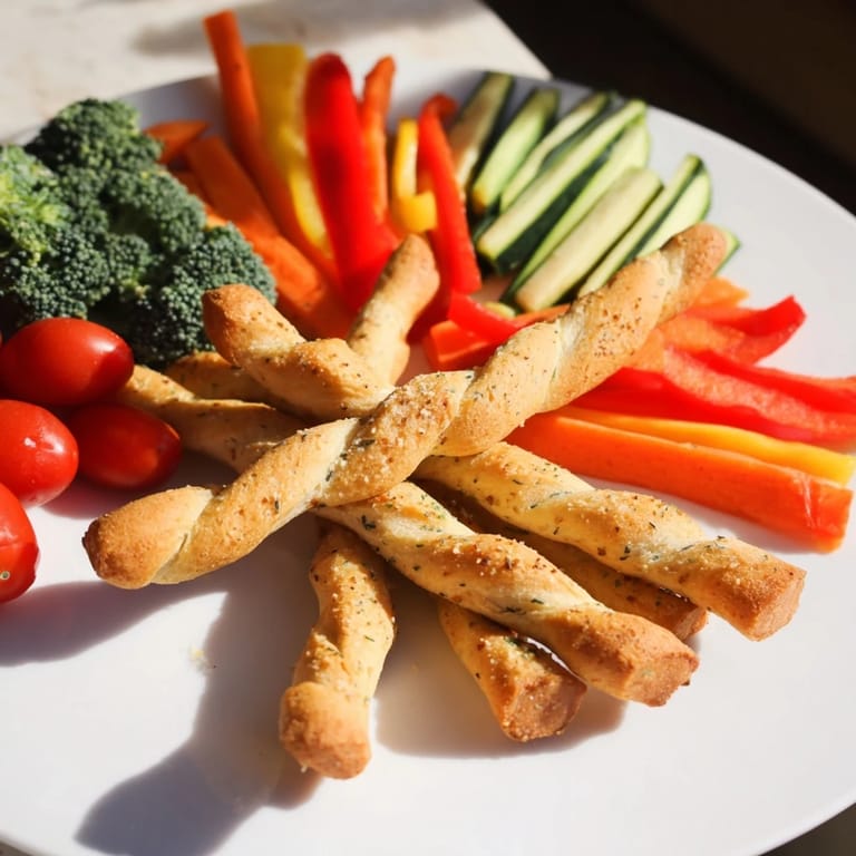 Kid-friendly Dinosaur Bone Prehistoric Crudités, a colorful platter with crunchy vegetables and baked breadsticks.