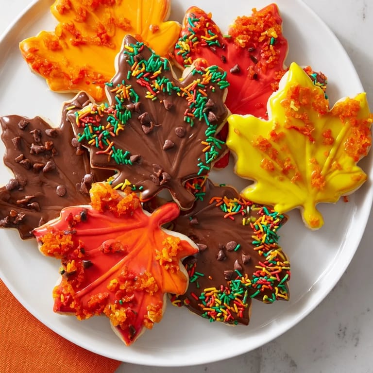 A close-up of beautifully decorated Maple Leaf Cookies, featuring colorful icing and autumn-themed sprinkles.