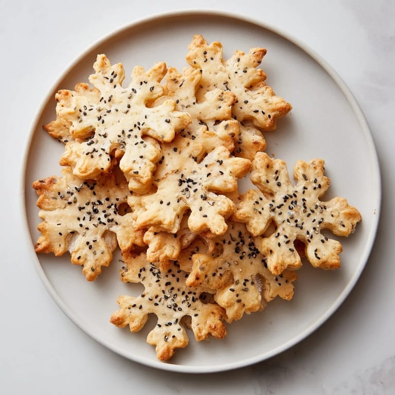 Close-up of freshly baked gourmet snowflake crackers, seasoned to perfection and lightly salted.