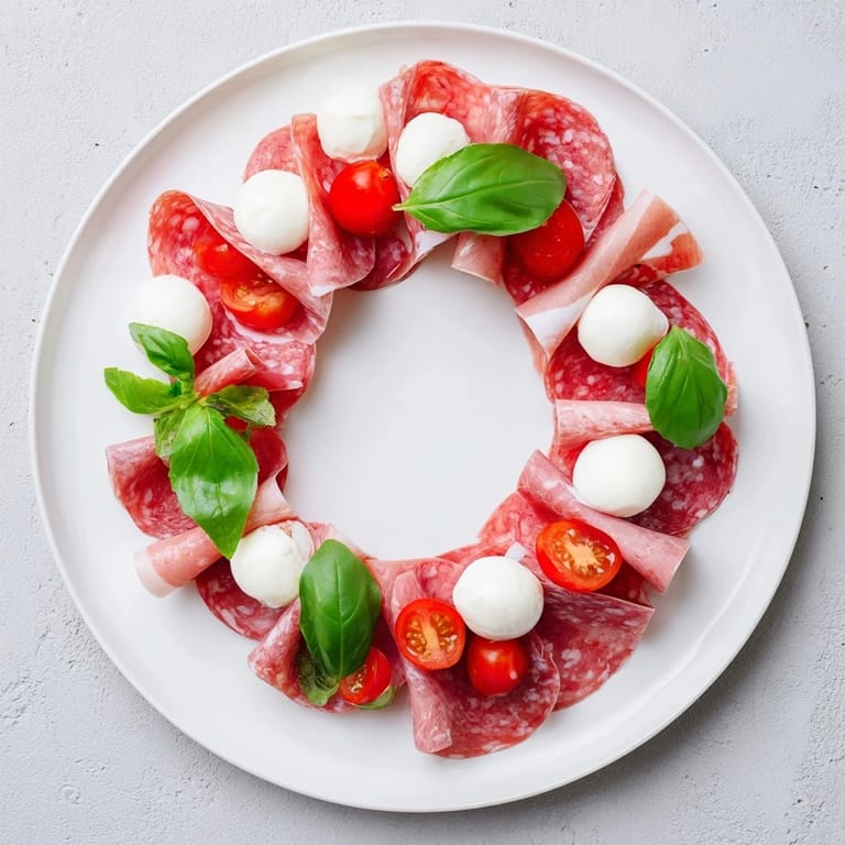 Close-up of a mouthwatering Folded Salami Wreath, ready to serve with crackers at a holiday party.