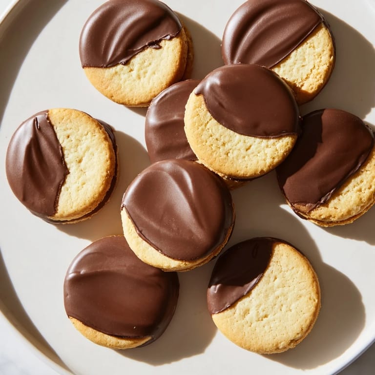Melted chocolate enrobes crisp vanilla wafers in this easy simple cookies dessert image.