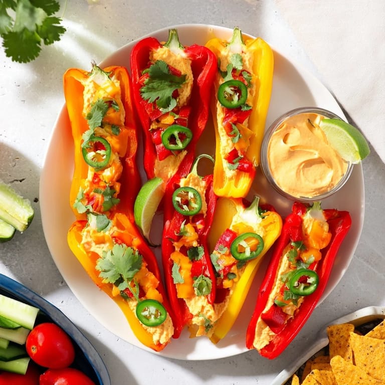Exciting close-up of a Spicy Chili Pepper Fiesta, beautifully arranged with fresh veggies and dips.