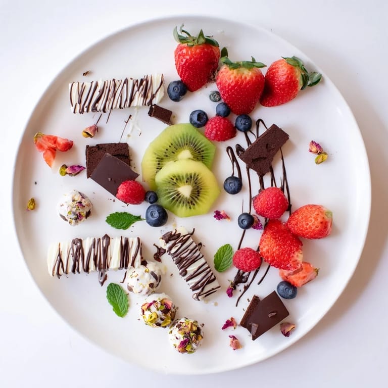 Imagine The Sweet Dessert Decadence: an artistic dessert board with melted chocolate swirls and fresh produce.