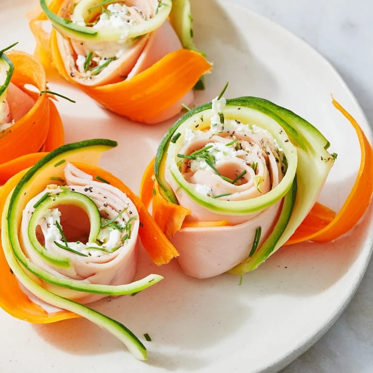 Bunte "Ribbon Dancer" Appetithäppchen mit Karotten- und Gurkenbändern, um rauchigen Truthahn gewickelt.