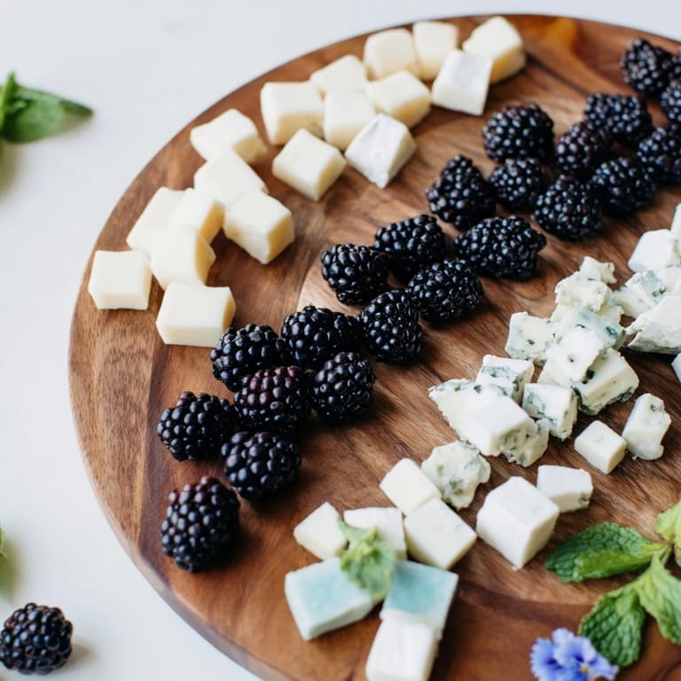 Elegant presentation of the Yin-Yang Balance cheese board showcasing a contrast of flavors and colors.