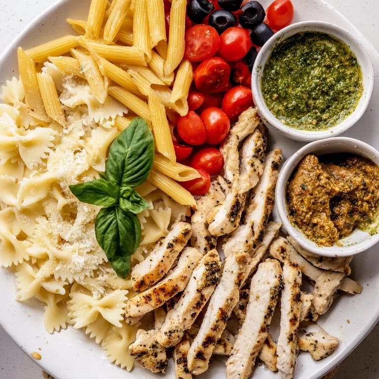 Shareable Girl Dinner Pasta Board, a delicious creation with varied pasta, cheeses, and fresh basil.