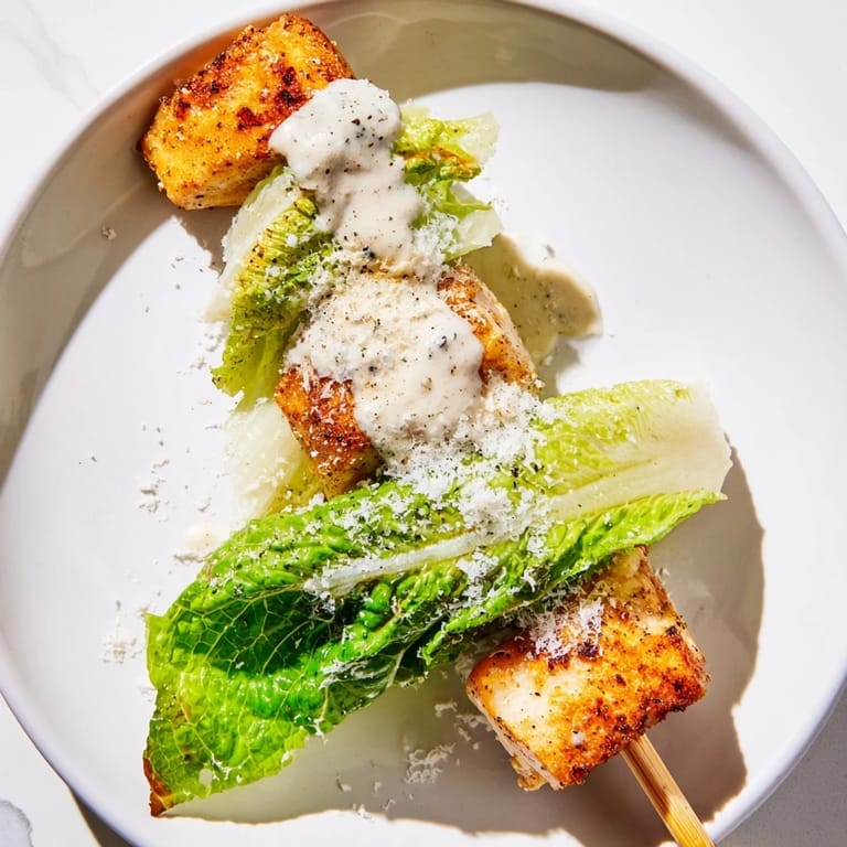 These flavorful Chicken Caesar Salad Skewers feature grilled chicken and crisp romaine, ready to eat.