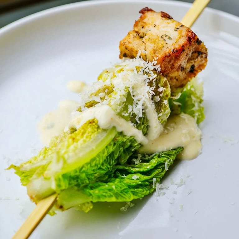 Delicious Chicken Caesar Salad Skewers with crunchy croutons and a drizzle of Caesar for a perfect bite.
