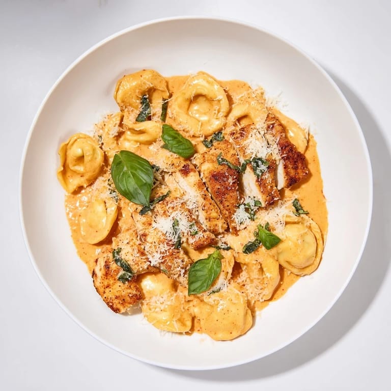 A visually appealing bowl of Marry Me Chicken Tortellini, garnished with fresh basil leaves.
