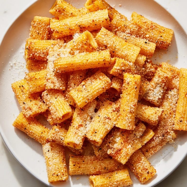 Air-fried crunchy Parmesan pasta chips, lightly spiced, ready to eat alongside a flavorful dip.