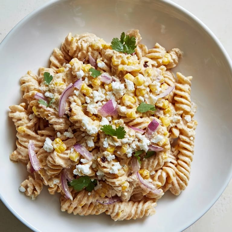 A bowl of Creamy Street Corn Pasta Salad garnished with fresh cilantro and cotija cheese.