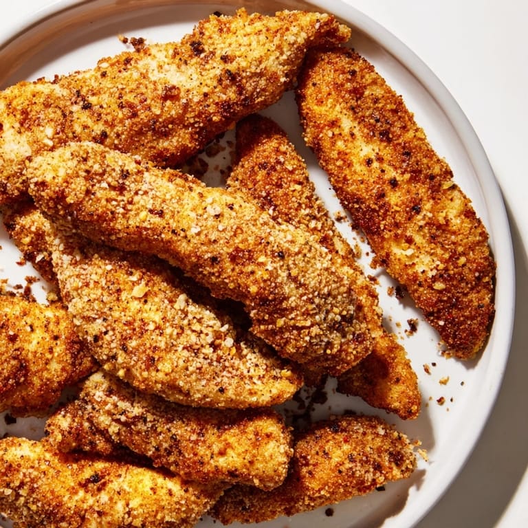 Close-up of crispy air-fried chicken tenders offering a tempting crunch for a flavorful meal.