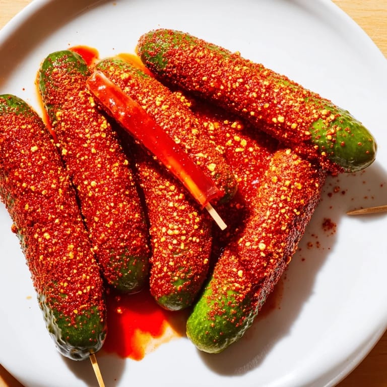 Close-up of vibrant Chamoy-Tajín pickle sticks, showing glistening chamoy and Tajín seasoning coating.