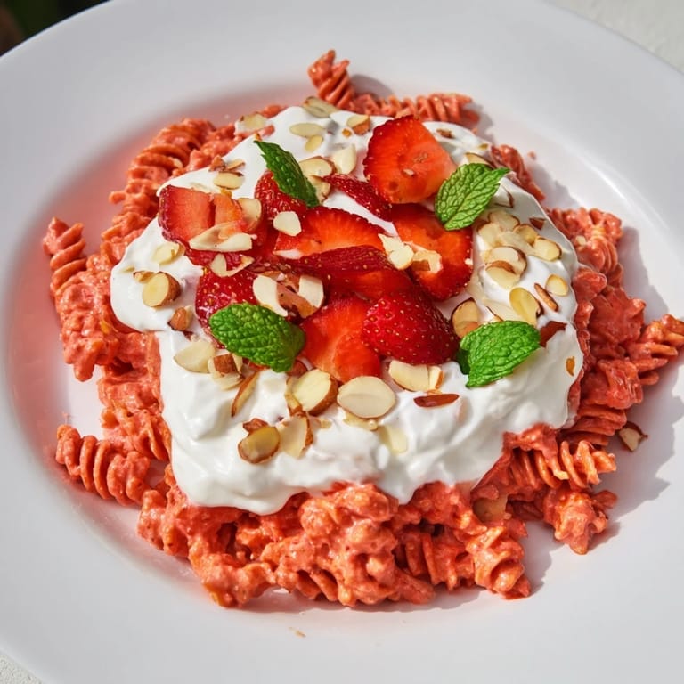 Vibrant photo of Sweet Strawberry Yogurt Pasta, a refreshing summer dessert with fresh berries.