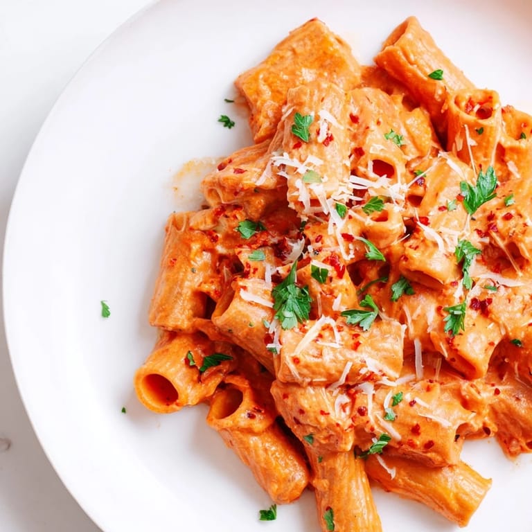 A close-up of Gigi Hadid-Style Spicy Rigatoni shows the perfectly cooked pasta with fresh parsley garnish.
