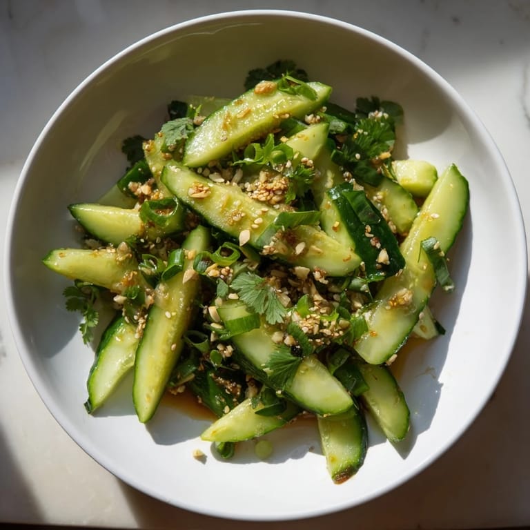 Freshly prepared Chinese Spicy Smashed Cucumber Salad, a vegan delight with chili flakes and sesame seeds.