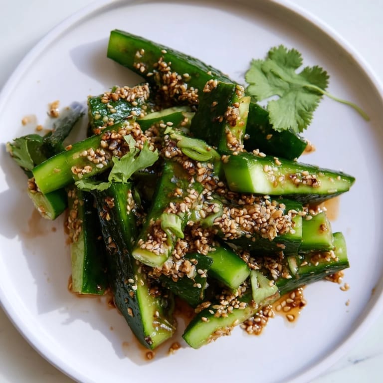 Close-up of a refreshing Chinese Spicy Smashed Cucumber Salad, a vibrant, savory Asian-inspired salad.