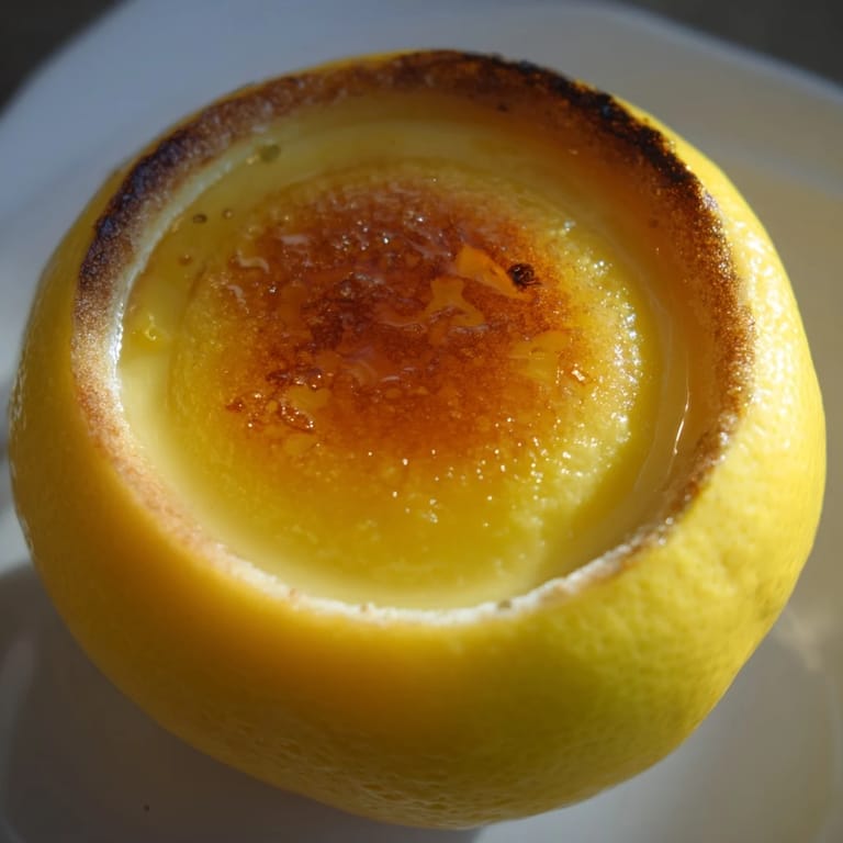 Caramelized sugar tops a refreshing Lemon Brûlée Posset in halved lemon shells, ready to serve.