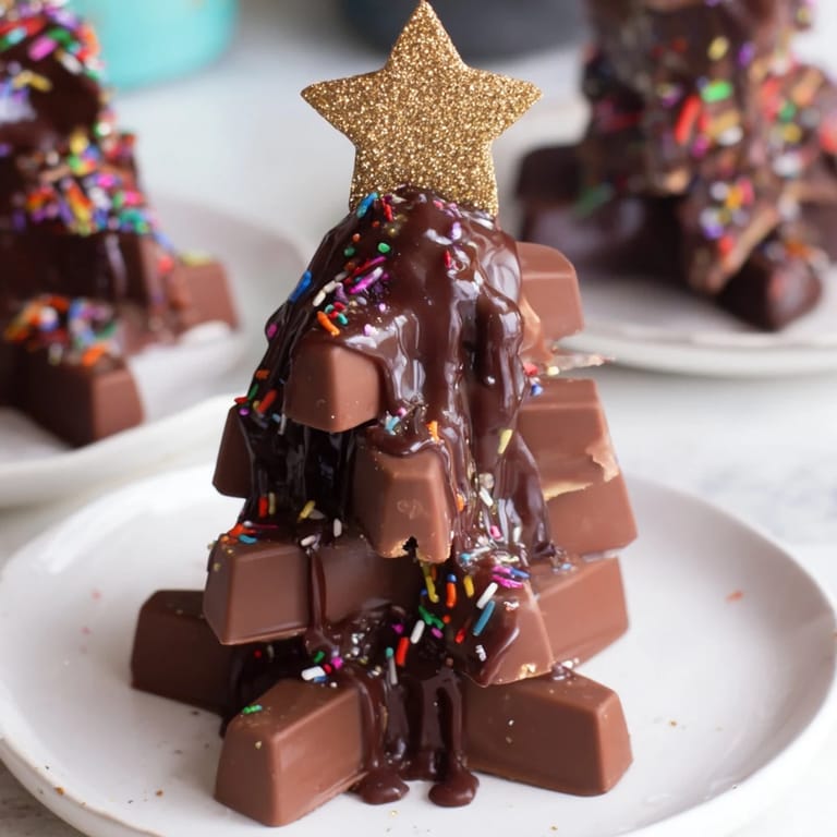 A close-up of glossy Chocolate Kinder Christmas Trees drizzled with melted chocolate, an easy dessert recipe.