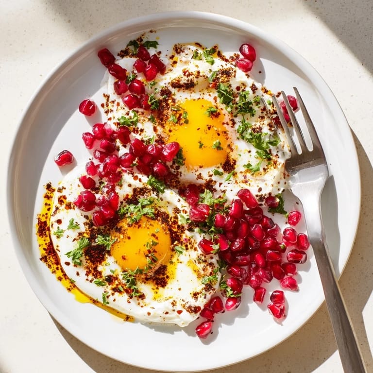 Sumac-buttered Çılbır with bright pomegranate seeds, a beautiful and vibrant Turkish breakfast dish.