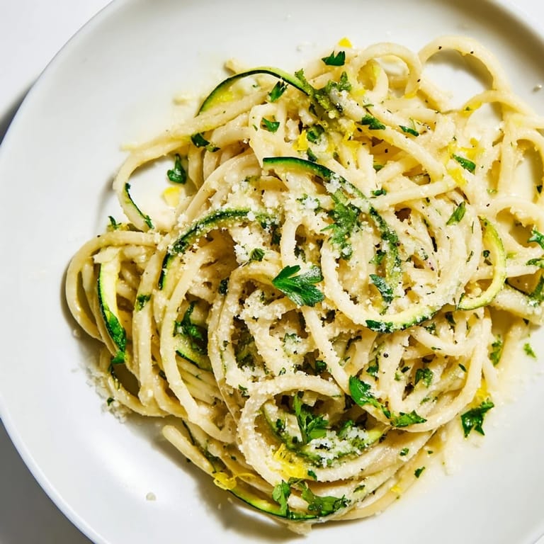 Ein Teller Lemon Zucchini Pasta mit saftigen Zucchinistreifen und einer cremigen Zitronenbutter-Sauce.