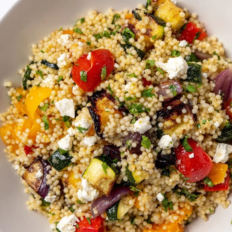 Ein bunter mediterraner Couscous mit geröstetem Gemüse und einem zitronigen Dressing, perfekt für den Mittagstisch.