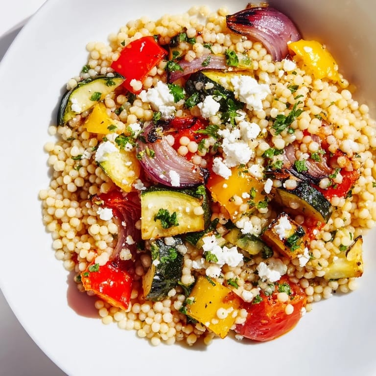 Frisch zubereitete Roasted Veggie Couscous Salad, garniert mit Feta und Kräutern für einen aromatischen Geschmack.