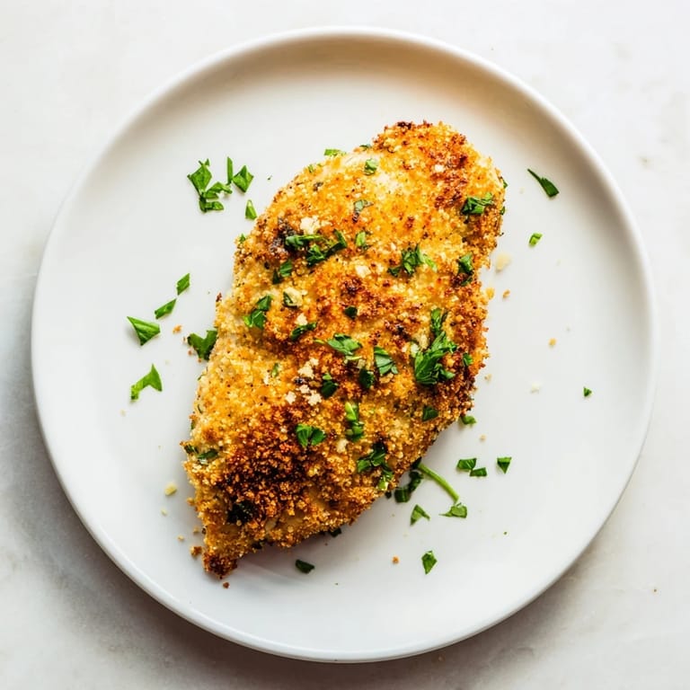 Saftige Hähnchenbrust in einer cremigen Knoblauchbutter, überbacken mit geriebenem Parmesan und frischen Petersilienblättern.
