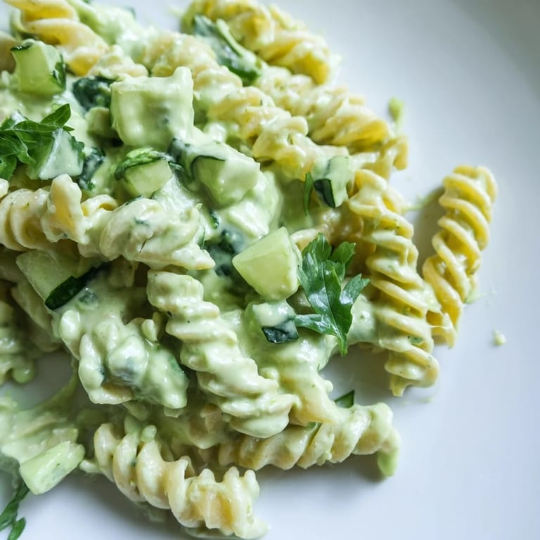 Eine Nahaufnahme von Green Goddess Pasta Salad mit glänzendem Dressing und knackigen Gurkenstücken.