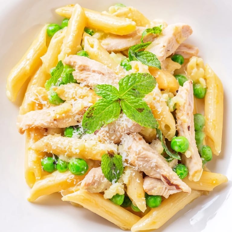 Frische Pea & Mint Chicken Pasta auf einem rustikalen Teller, bestreut mit zerkleinertem Parmesan und Minze.