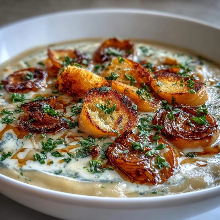 Aromatische Röstknoblauch-Suppe mit cremiger Textur und knusprigen Brotwürfeln garniert.