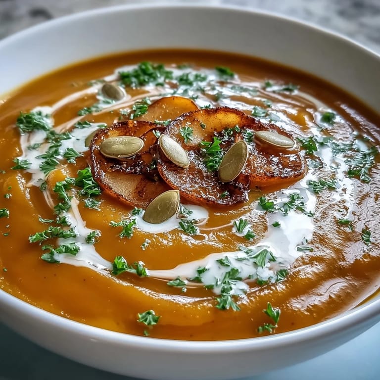 Cremige Butternut-Kürbis-Apfel-Suppe, erwämend und mit Äpfeln verfeinert, ideal für gemütliche Tage.
